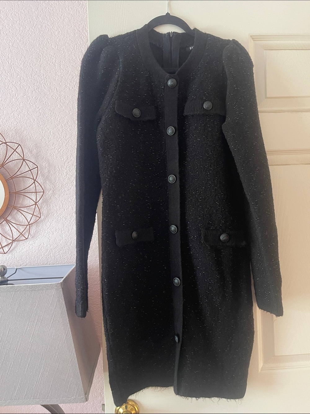 Express Black Long-Sleeve Button Front Knit Dress